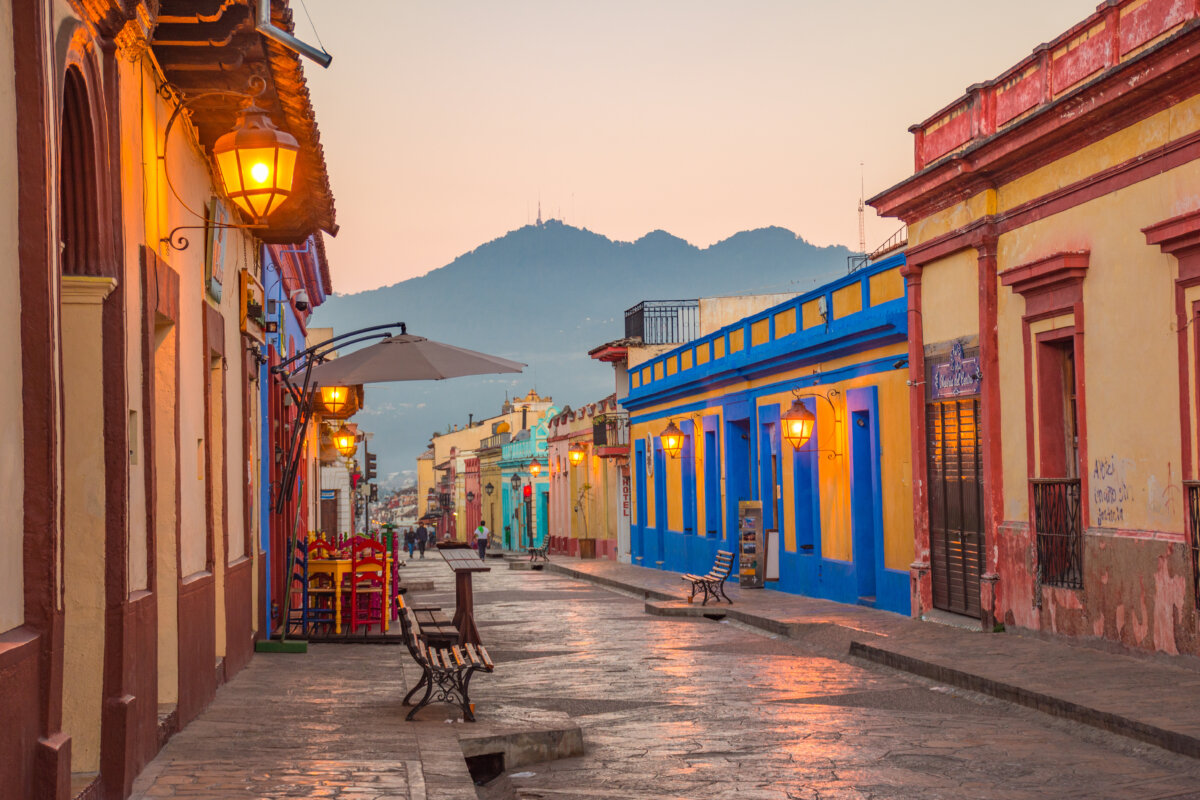 Colorful Street in Chiapas, Mexico at Dusk