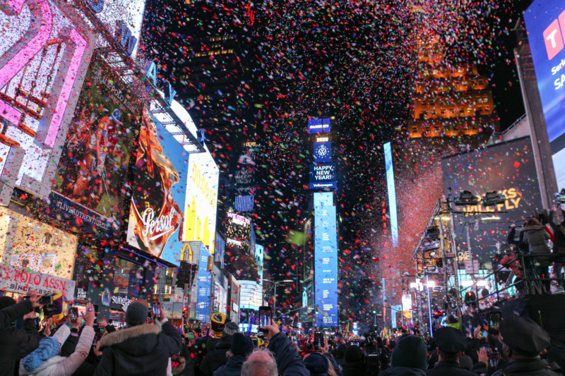 Confetti Covering the sky and Millions of participants gather at Times Square
