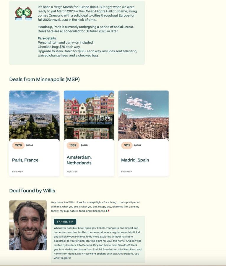 Europe Flight Deal Landing Page