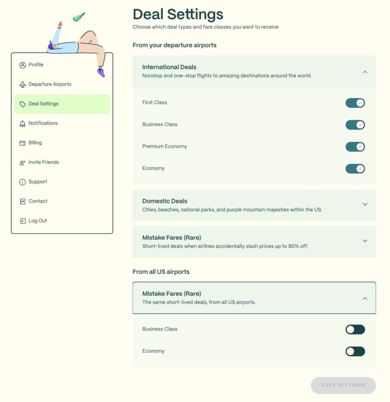 Going (Formerly Scott's Cheap Flights) Deal Settings