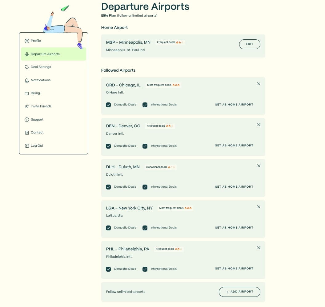 Going Departure Airport Settings