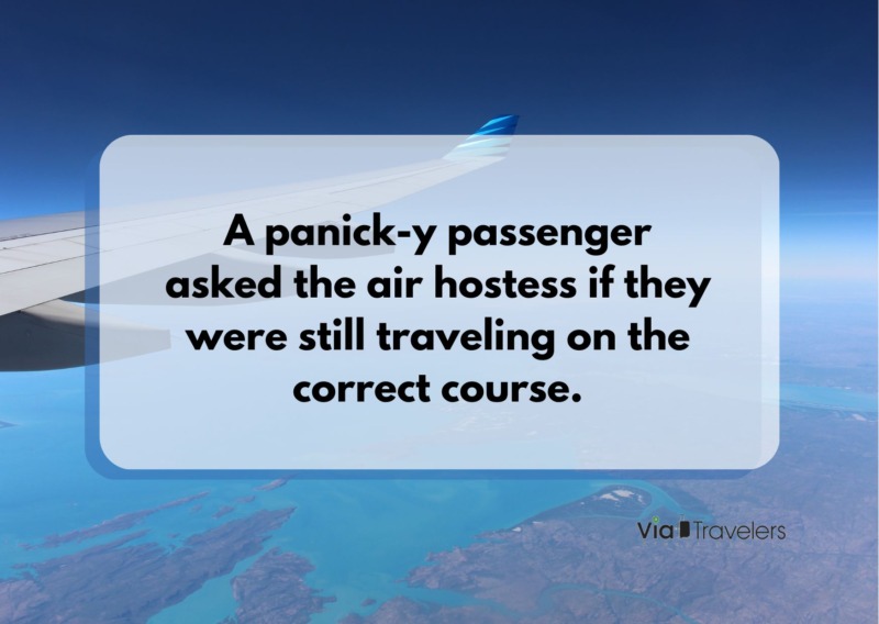 A panick-y passenger asked the air hostess if they were still traveling on the correct course. Travel joke