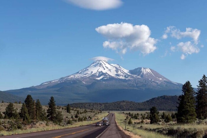 Mount Shasta at the end of a highway.