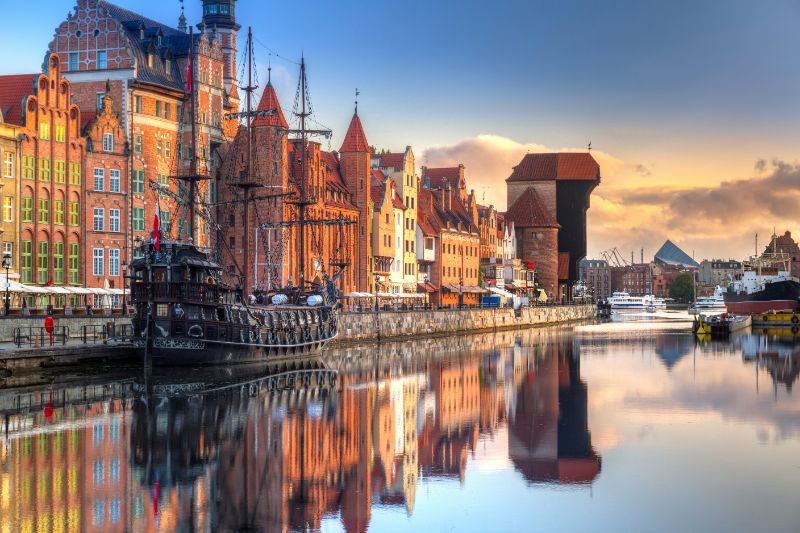 Historic buildings beside the Motława River in Gdańsk, Poland
