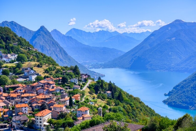 Town and Mountain Range at Lugano, Switzerland