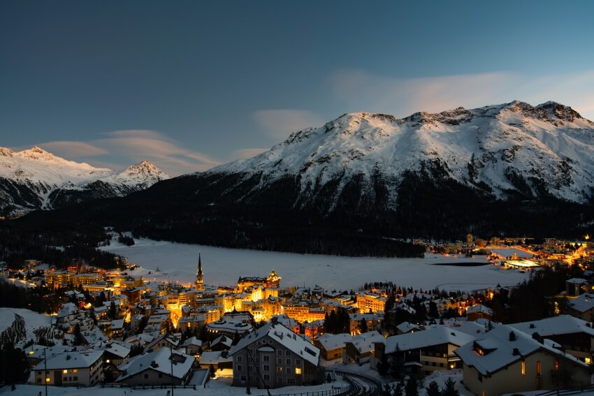 Night Lights on St. Moritz Town by the Mountains