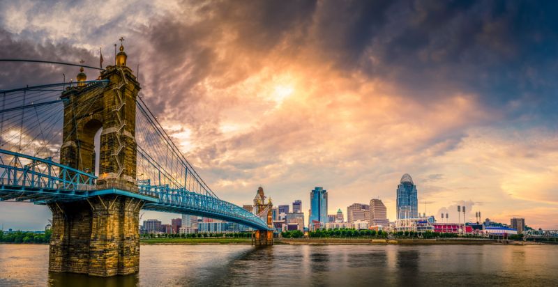 Panoramic view of John A. Roebling Suspension Bridge over the Ohio River and downtown Cincinnati skyline