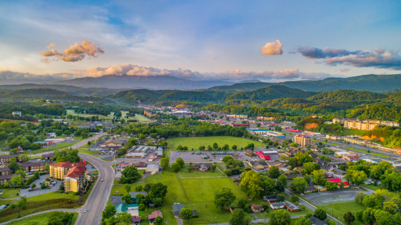 Pigeon Forge and Sevierville Tennessee aerial view