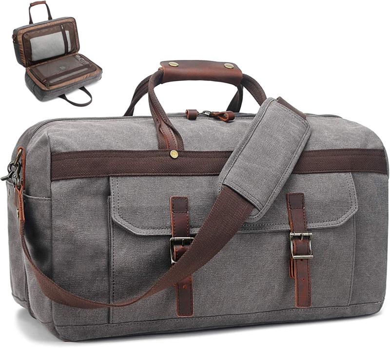 Grey and Brown Soaeon Canvas Travel Duffel Bag