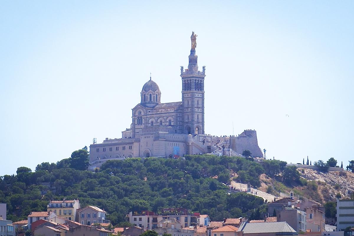 Basilica of Notre-Dame de la Garde overlooking Marseille, France from hilltop