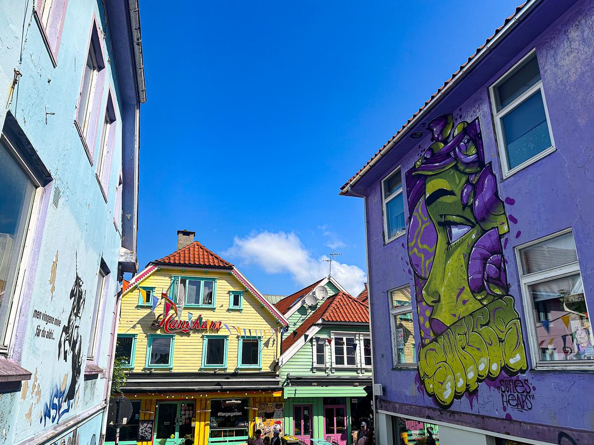 Street art and colorful buildings in Fargegaten, Stavanger, Norway