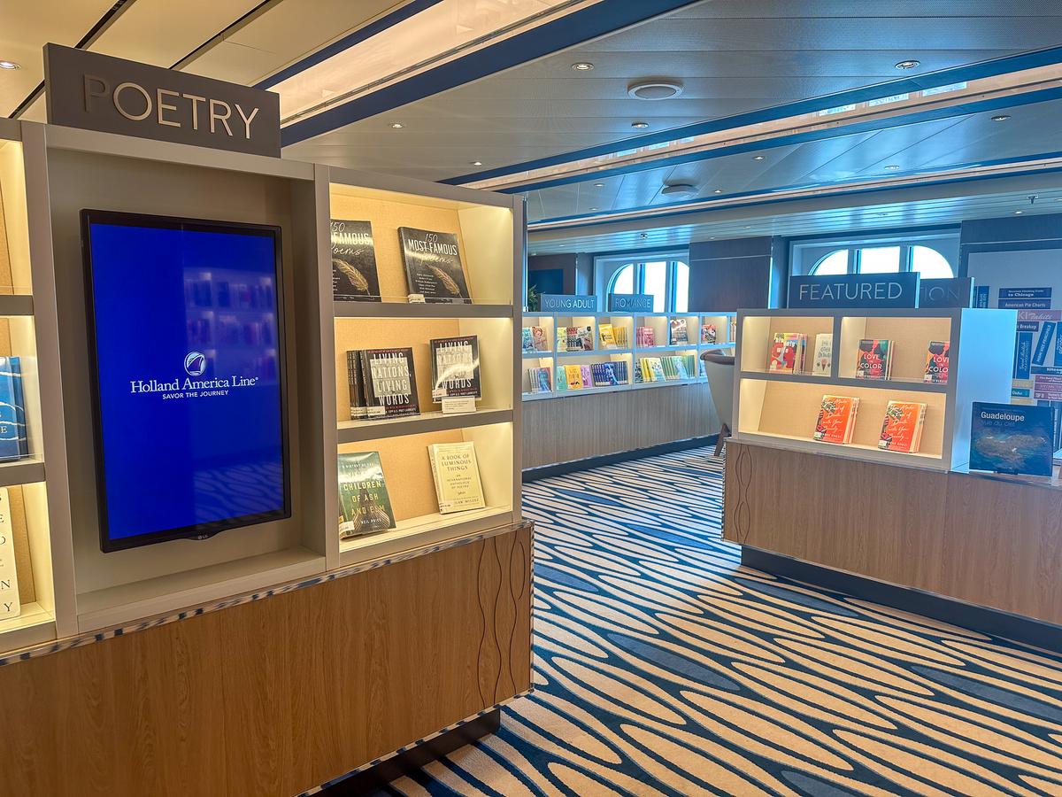 Library on MS Rotterdam, Holland America Line with poetry, young adult, and featured books