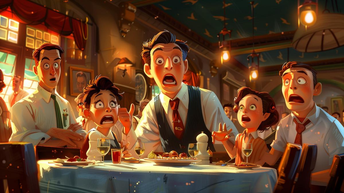 Cartoon-style illustration of an American family shocked at dinner in a lively restaurant.