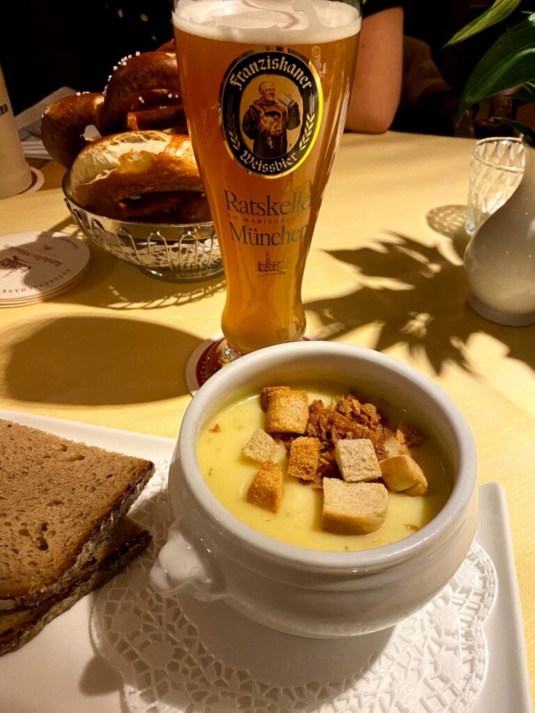 Authentic German potato soup and Weissbier at Ratskeller in Munich.