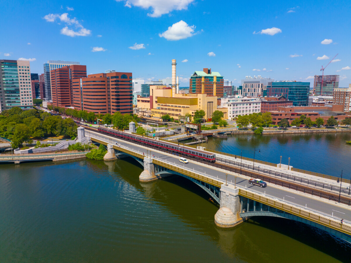 Aerial view of a train crossing bridge in Boston, Massachusetts
