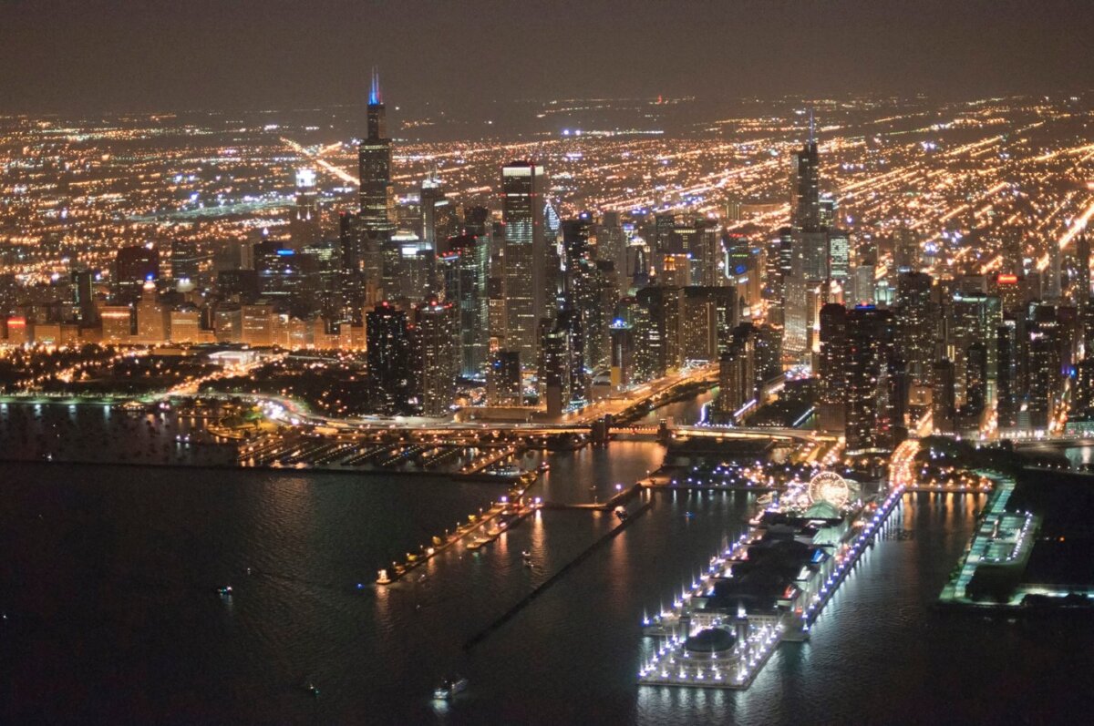 Chicago skyline at night from a Chicago helicopter tour