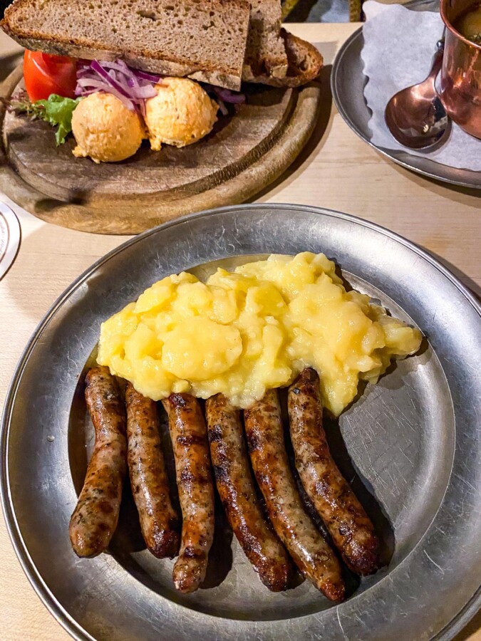 Authentic Franconian sausage meal with potato salad at Bratwursthäusle, Nuremberg