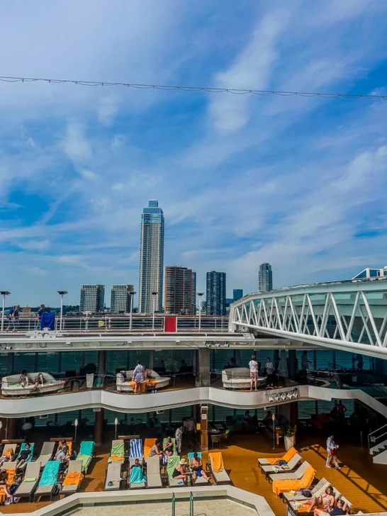 Pool deck of MS Rotterdam with skyline views, Holland America cruise ship in Rotterdam