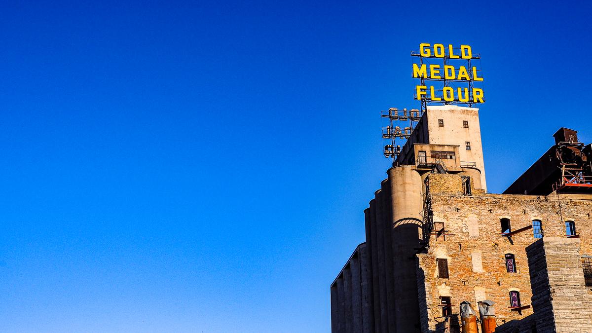 Iconic Gold Medal Flour Sign at Mill City Museum, Minneapolis - Historic sRGB image of the iconic sign and museum.