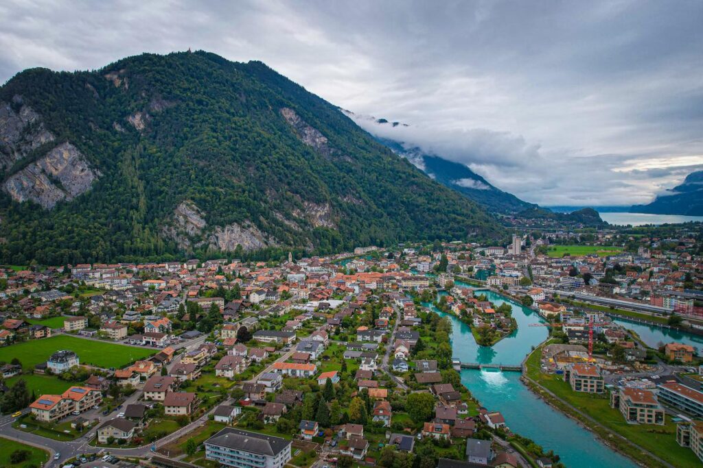 Aerial view of Interlaken between lakes in the Swiss Alps