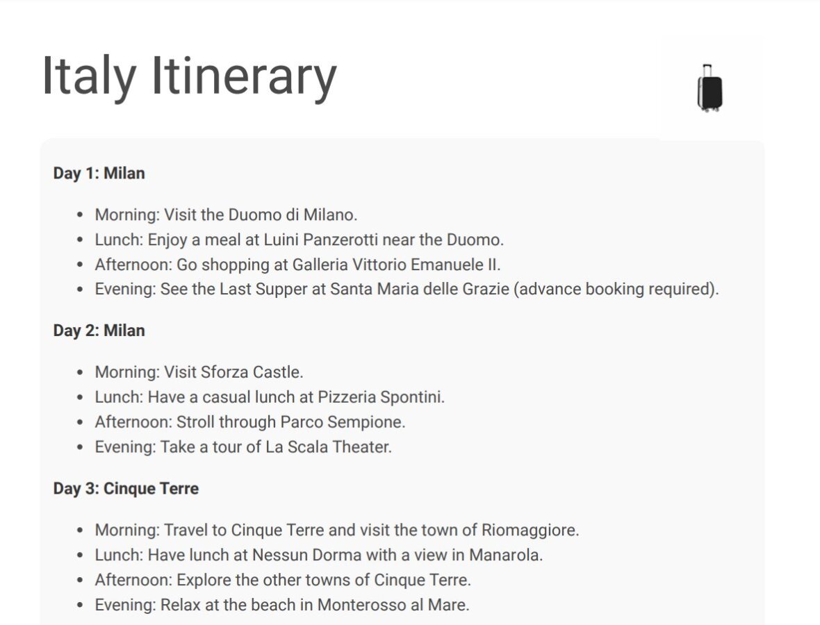 Italy itinerary generated by ViaTravelers