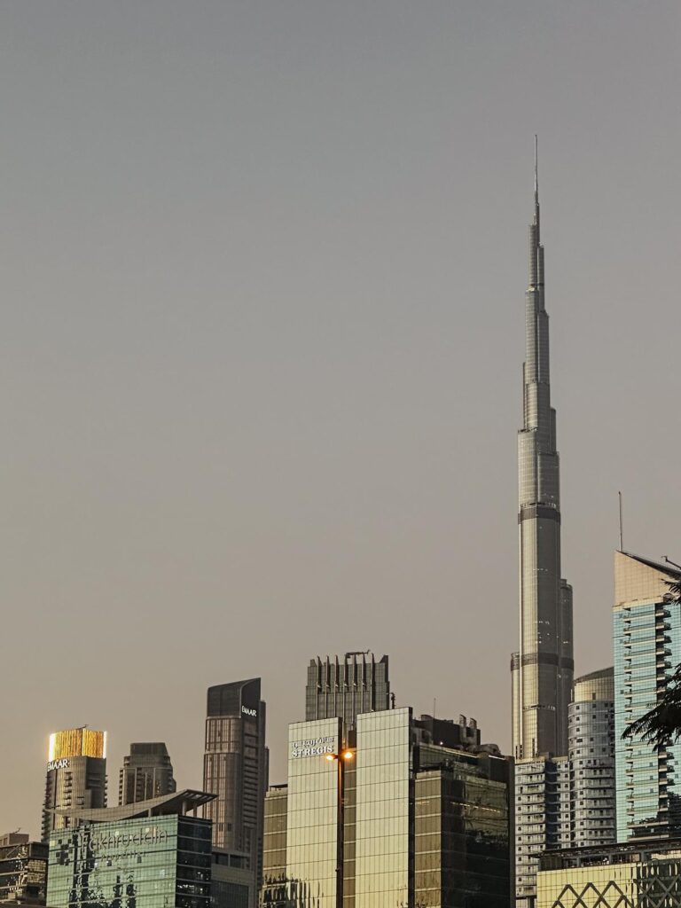 Burj Khalifa and Downtown Dubai skyline at twilight
