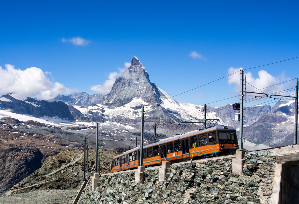 Matterhorn peak with a train , Switzerland