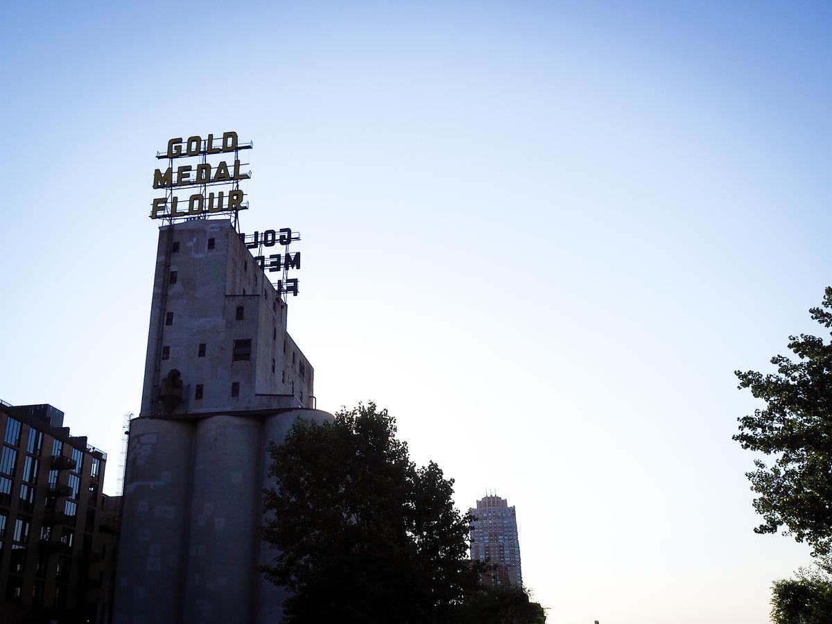 Iconic Gold Medal Flour Sign atop the Historic Mill City Museum at Dusk in Minneapolis