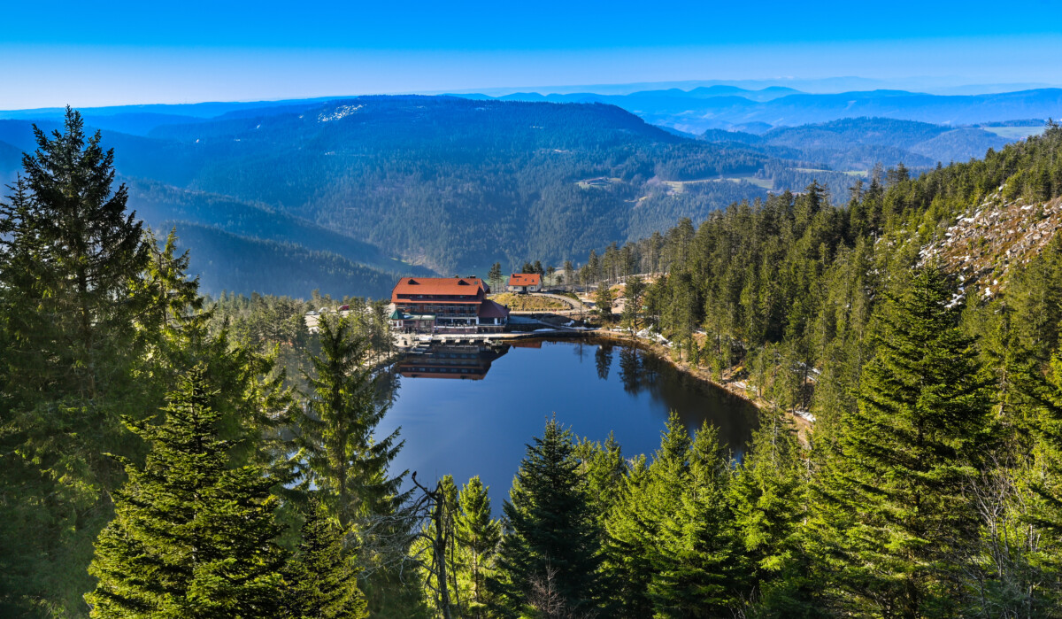 Aerial view of the Mummelsee lake in Black Forest, Baden-Wuerttemberg, Germany