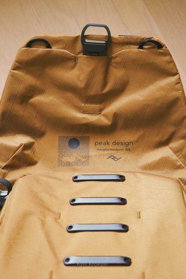 Peak Design Everyday Backpack 30L coyote color interior view for travel and photography gear