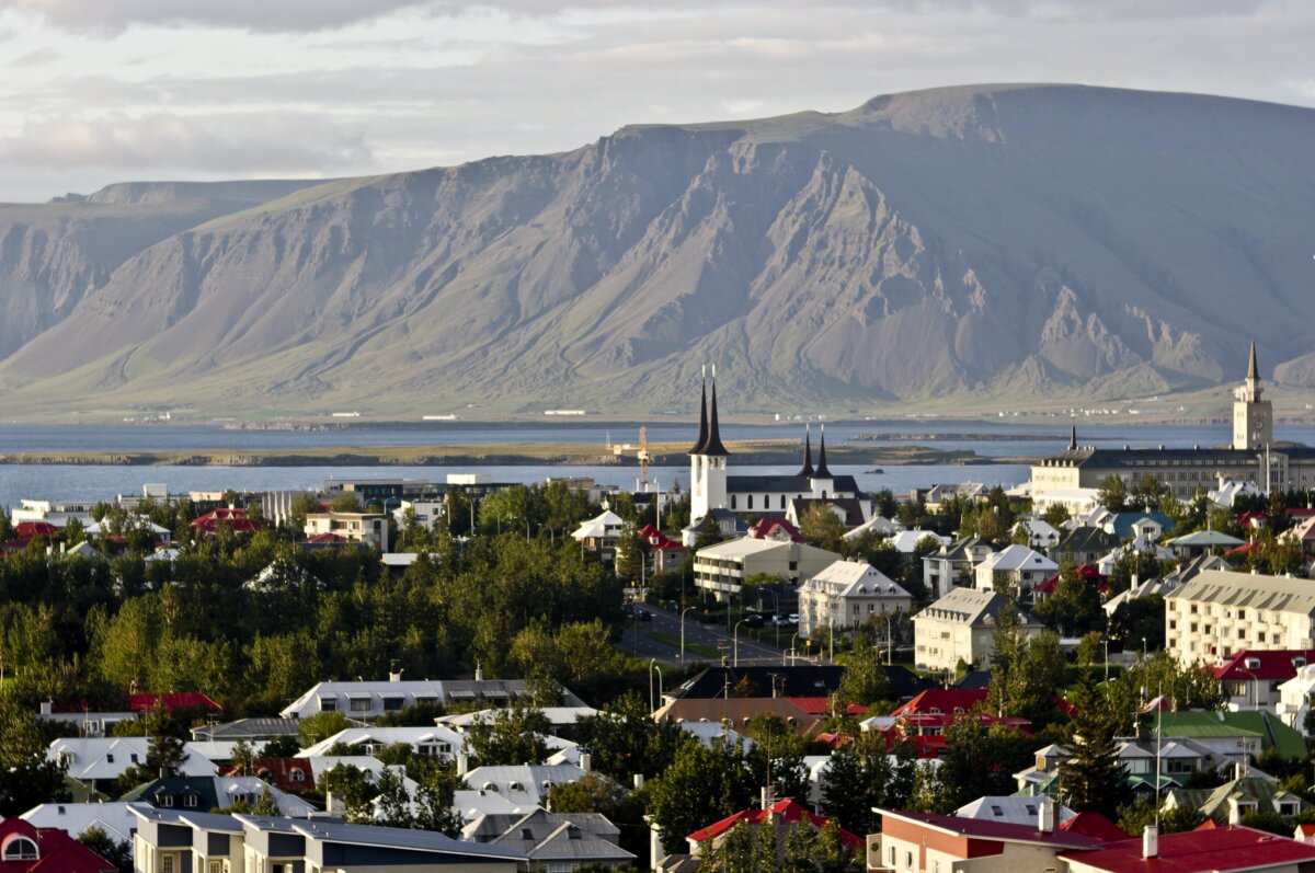 Aerial view of Reykjavik, Iceland with the mountains in the background