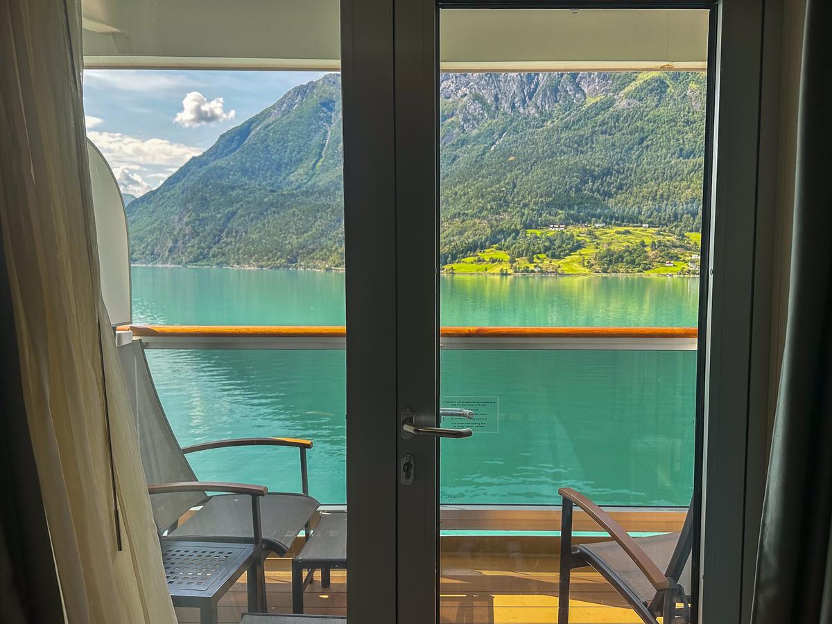 Scenic fjord view from MS Rotterdam stateroom balcony on Norway cruise