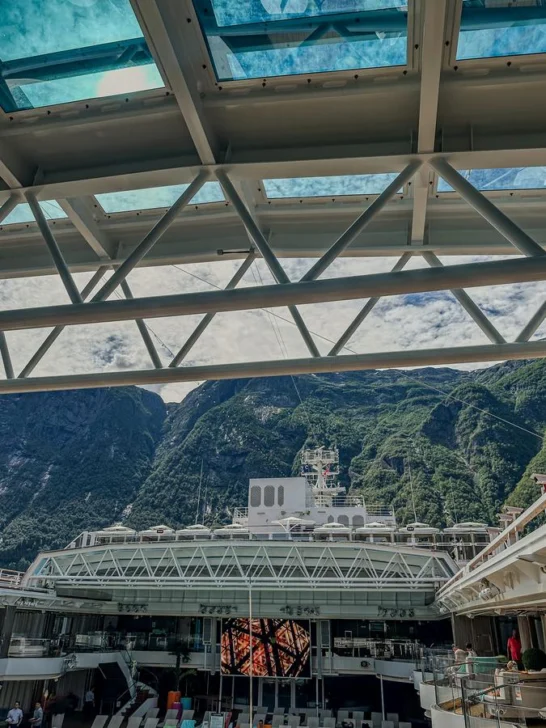 Scenic view of Norwegian fjords from cruise ship pool, Norway travel experience