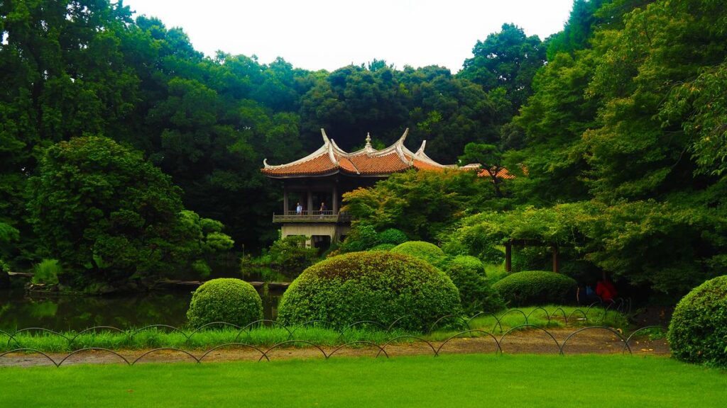 Serene Shinjuku Gyoen Pavilion and traditional Japanese garden in Tokyo