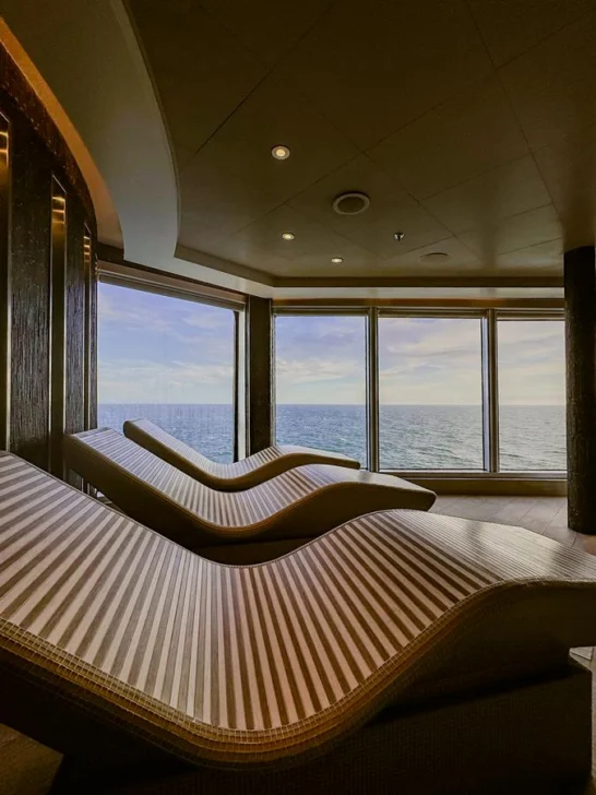 Spa relaxation loungers with ocean view on MS Rotterdam cruise ship by Holland America Line