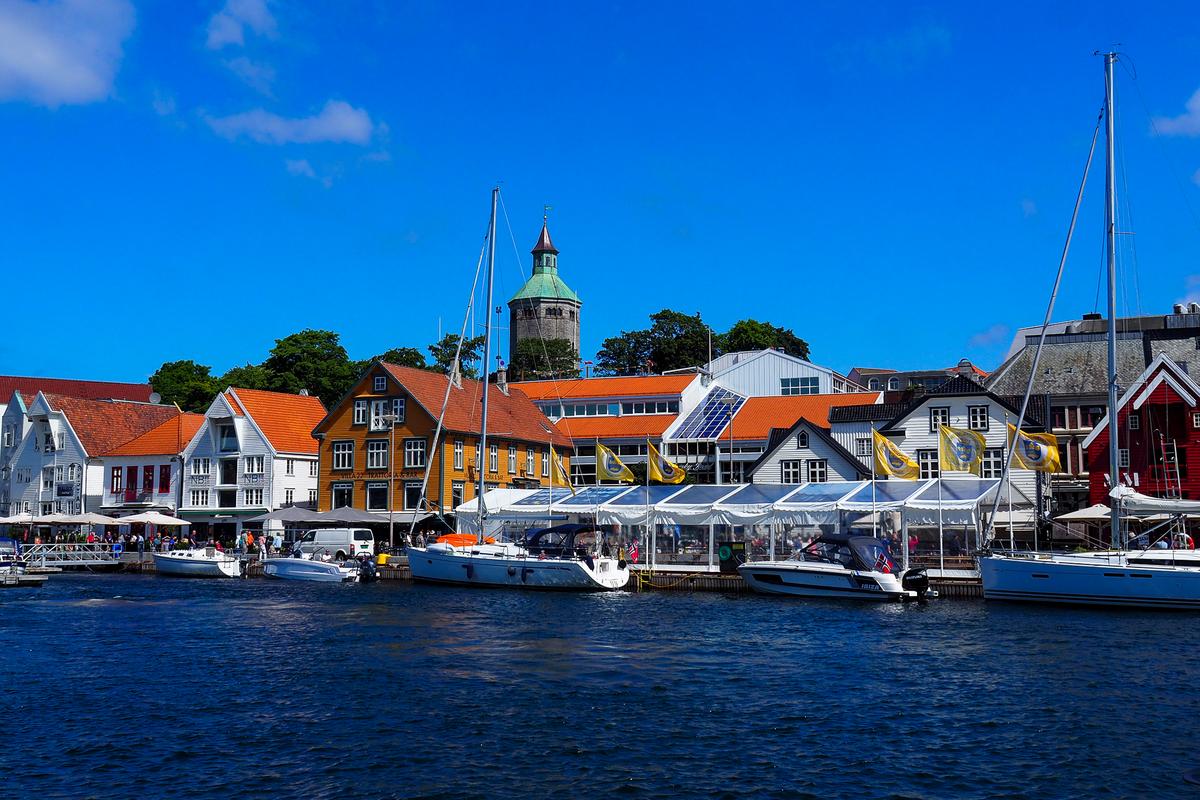 Stavanger city harbor, colorful waterfront buildings, yachts, Norway