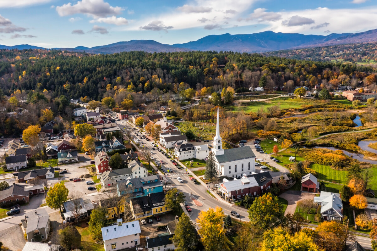 Aerial view of a ski town in Stowe, Vermont 