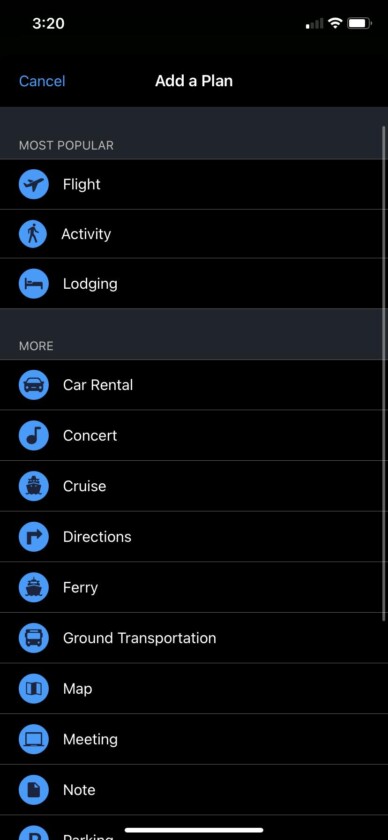 TripIt mobile app choices