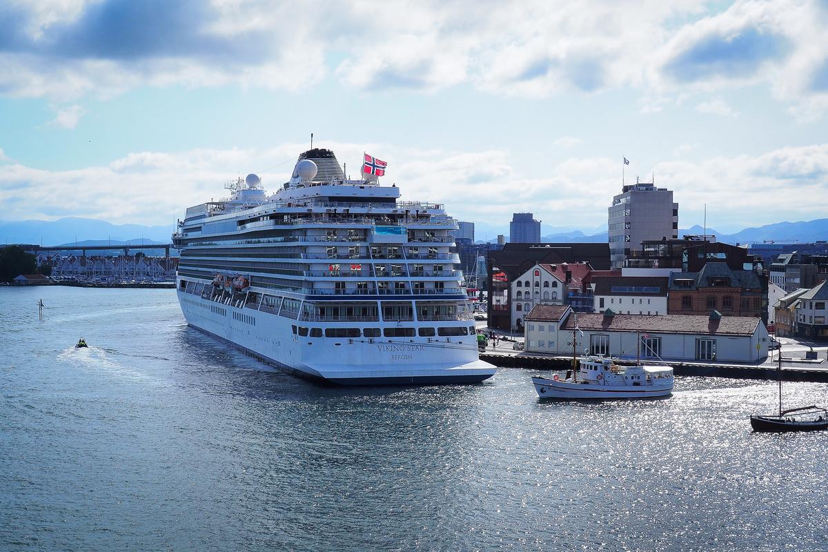 Viking Star cruise ship docked at scenic waterfront in Stavanger, Norway