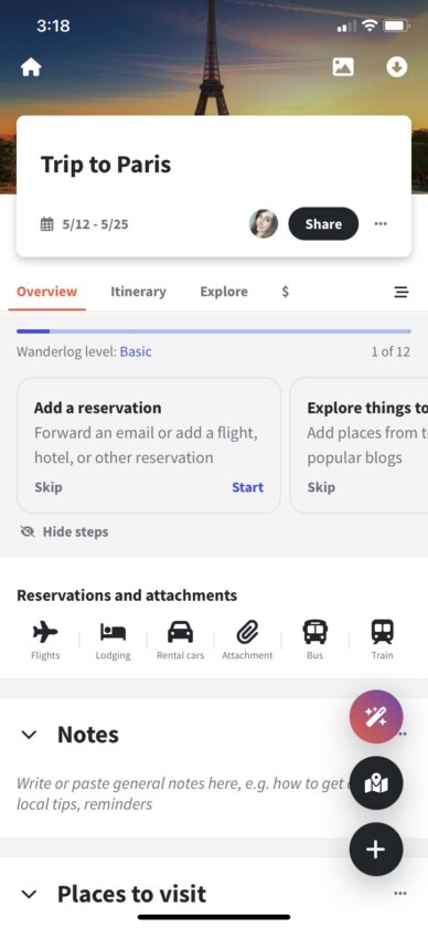 Wanderlog Itinerary in Wanderlog App